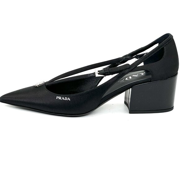 PRADA Pointed Toe Cutout Cut Out Block Heel Crystal Satin Leather Pumps - Picture 5 of 16